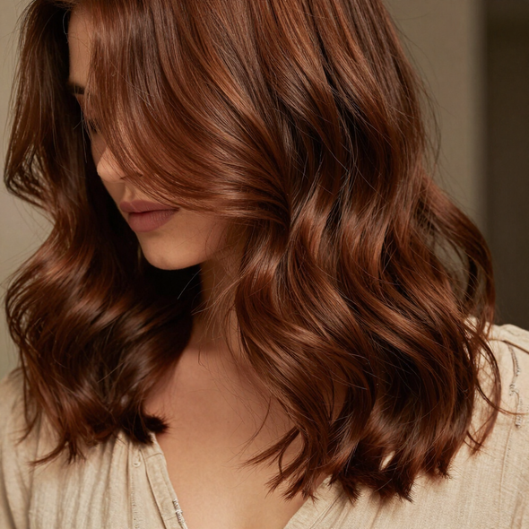 Primo piano di capelli mossi color castano ramato che incorniciano un viso, acconciati con volume e lucentezza delicati.