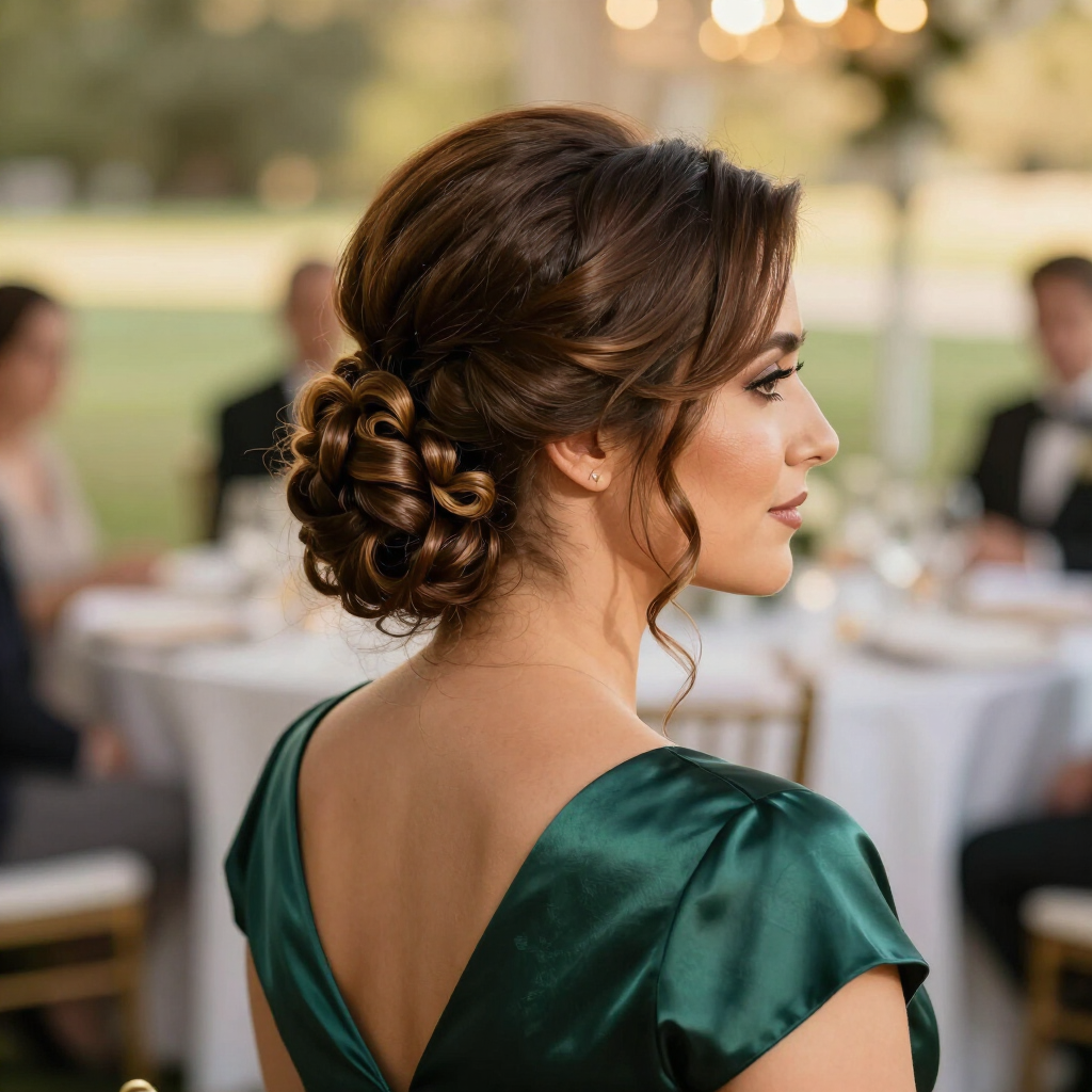 Donna con un'elegante acconciatura raccolta e abito verde seduta a un evento formale all'aperto.