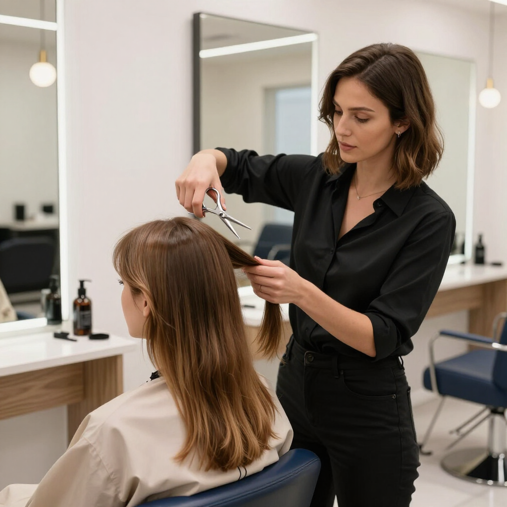 Un parrucchiere taglia i capelli a una cliente in un salone moderno, con specchi, luci e strumenti per lo styling nelle vicinanze.