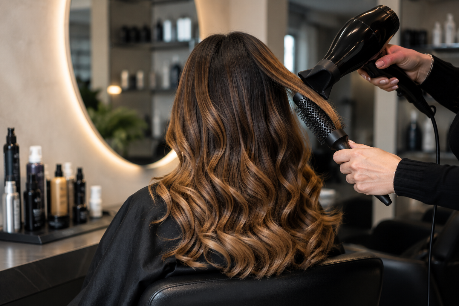 La parrucchiera asciuga con il phon lunghi capelli castani ondulati su una poltrona da salone.