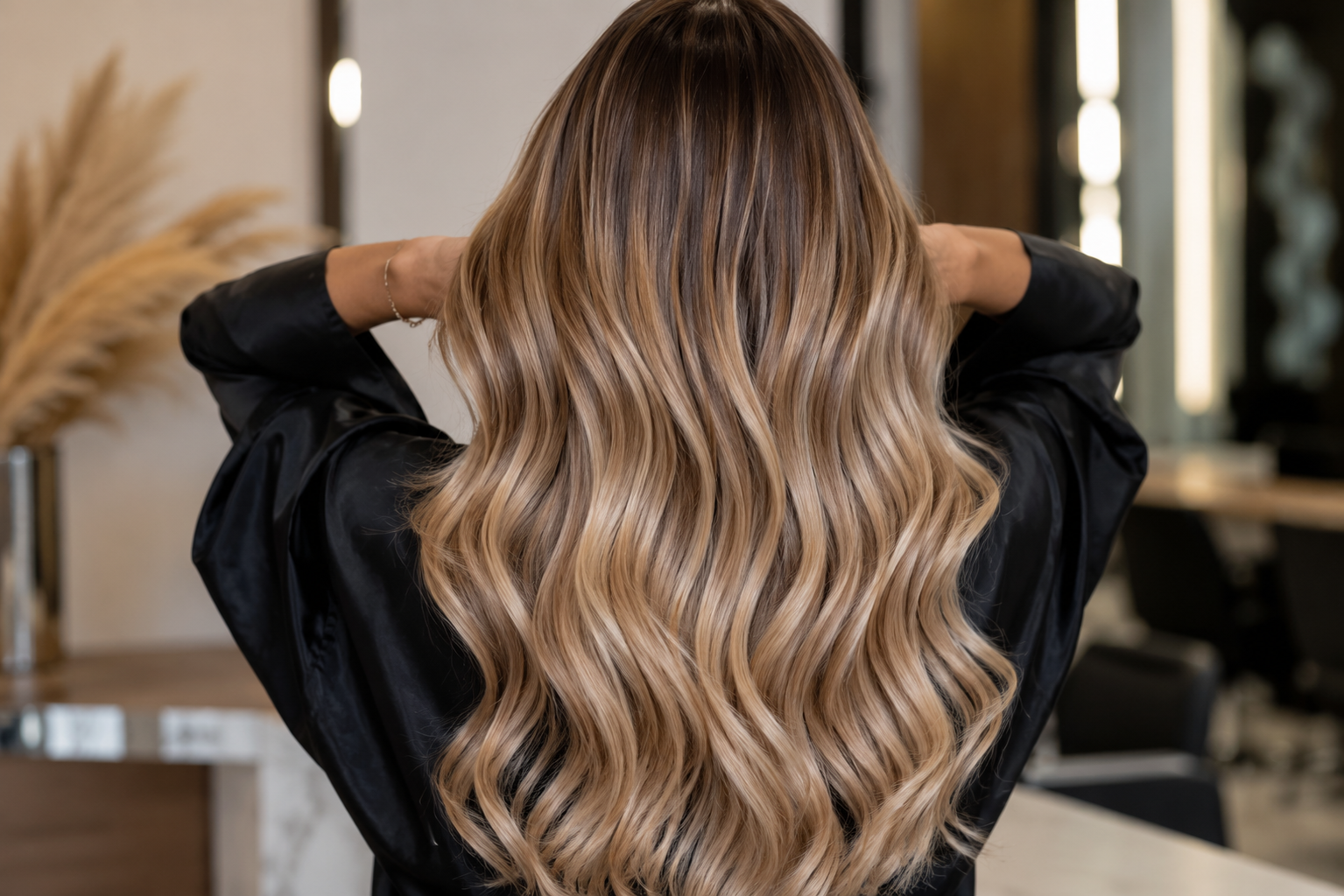 Donna con lunghi capelli biondi ondulati, vista di spalle, seduta su una poltrona da salone con le mani alzate dietro la testa.