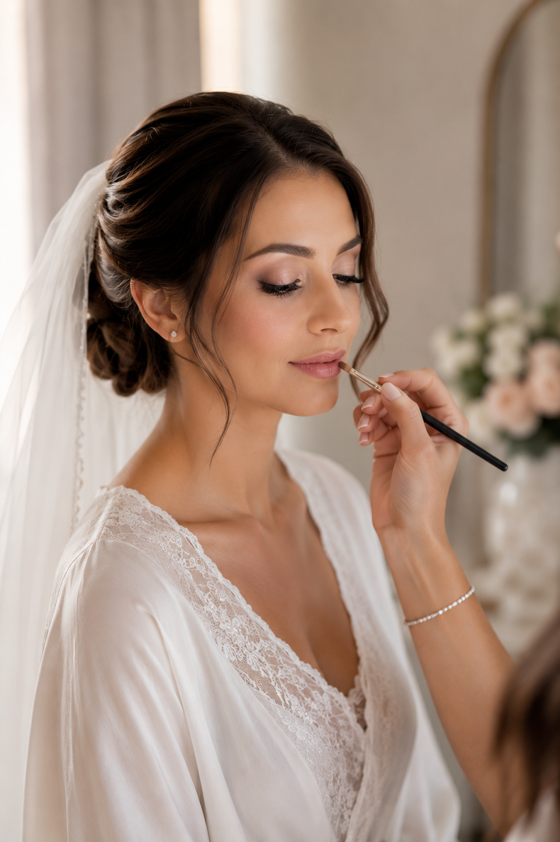 La sposa si fa truccare con un pennello in uno spogliatoio illuminato da luci soffuse.