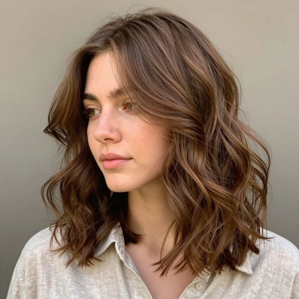 Profilo laterale di una donna con capelli castani ondulati, che indossa una camicetta beige, su uno sfondo neutro.