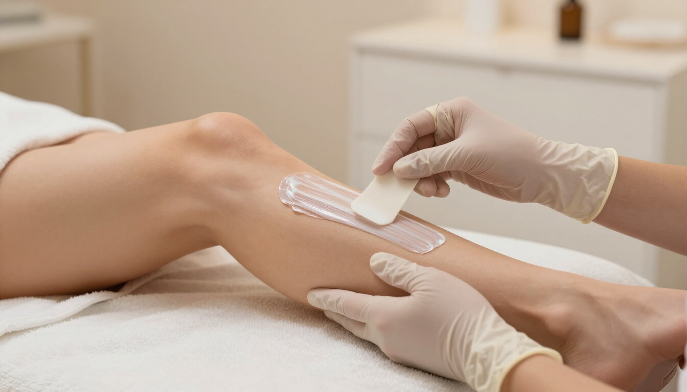 Mani guantate che applicano la cera sulla gamba di una cliente in una sala trattamenti di una spa.