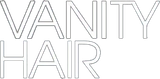 Logo di Vanity Hair in lettere dal contorno sottile su sfondo bianco.