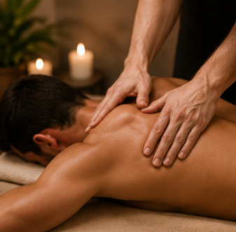 Una massaggiatrice massaggia la schiena di un cliente alla luce soffusa delle candele in una sala spa.