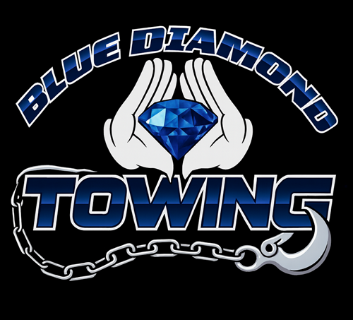 Blue Diamond Towing logo: Hands cupping a blue diamond above the word 