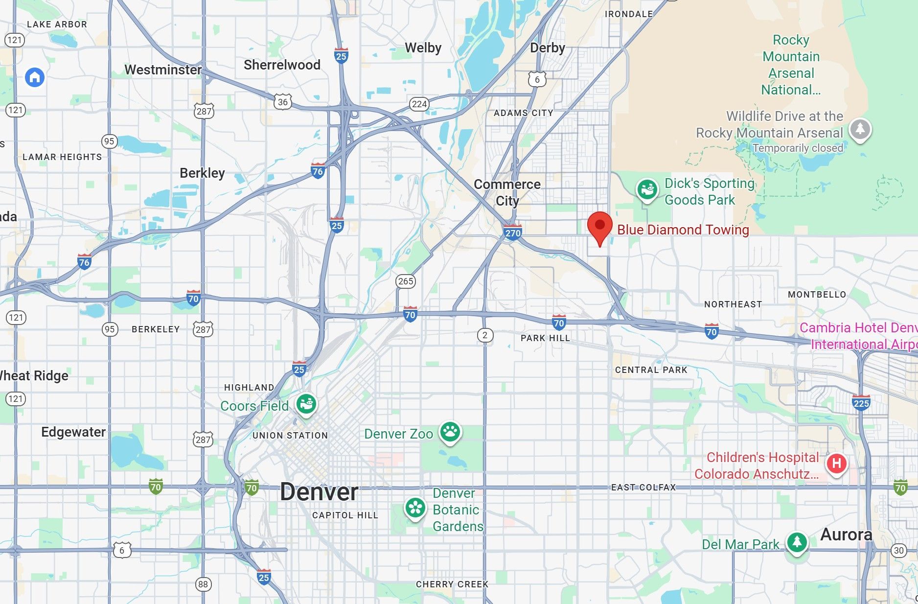 Map of Denver with a red marker indicating a location labeled as 
