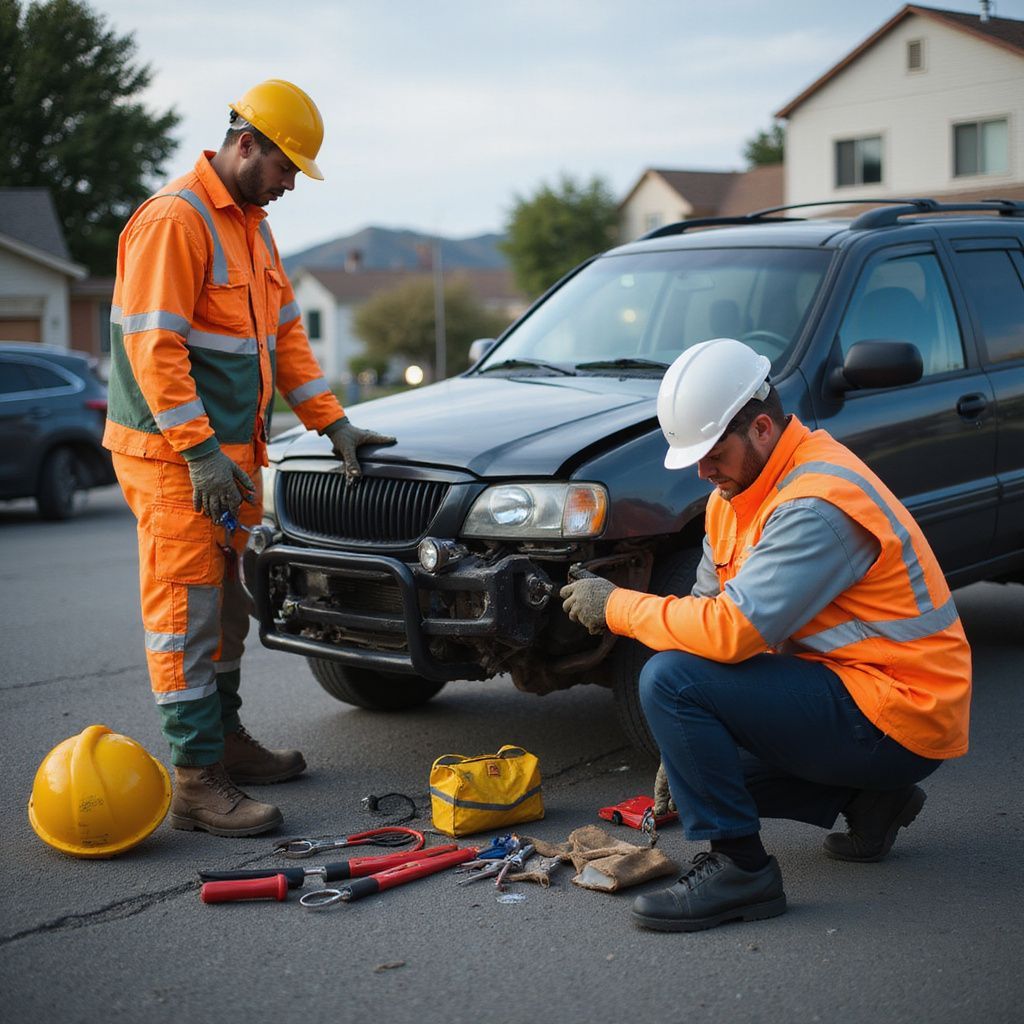Two workers in orange vests inspect a damaged car on a residential street.