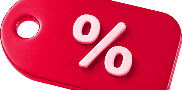 Red price tag with a white percent discount symbol | Kelly Automotive