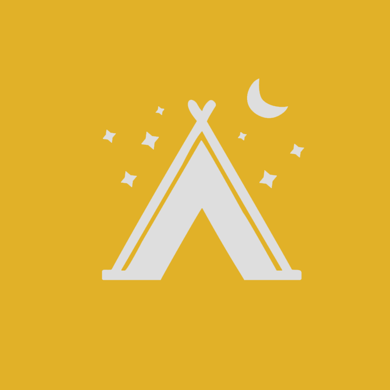 A white tent with a crescent moon and stars on a yellow background.