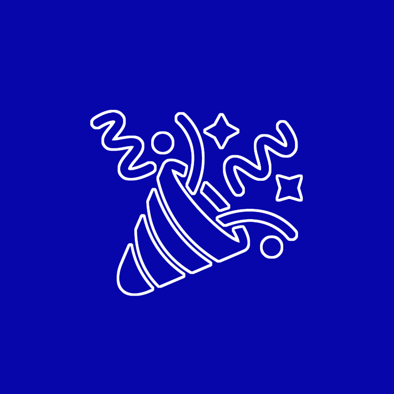 A party cone with confetti and stars coming out of it on a blue background.