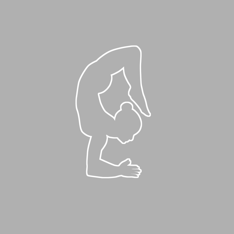 A silhouette of a woman doing a yoga pose on a gray background.