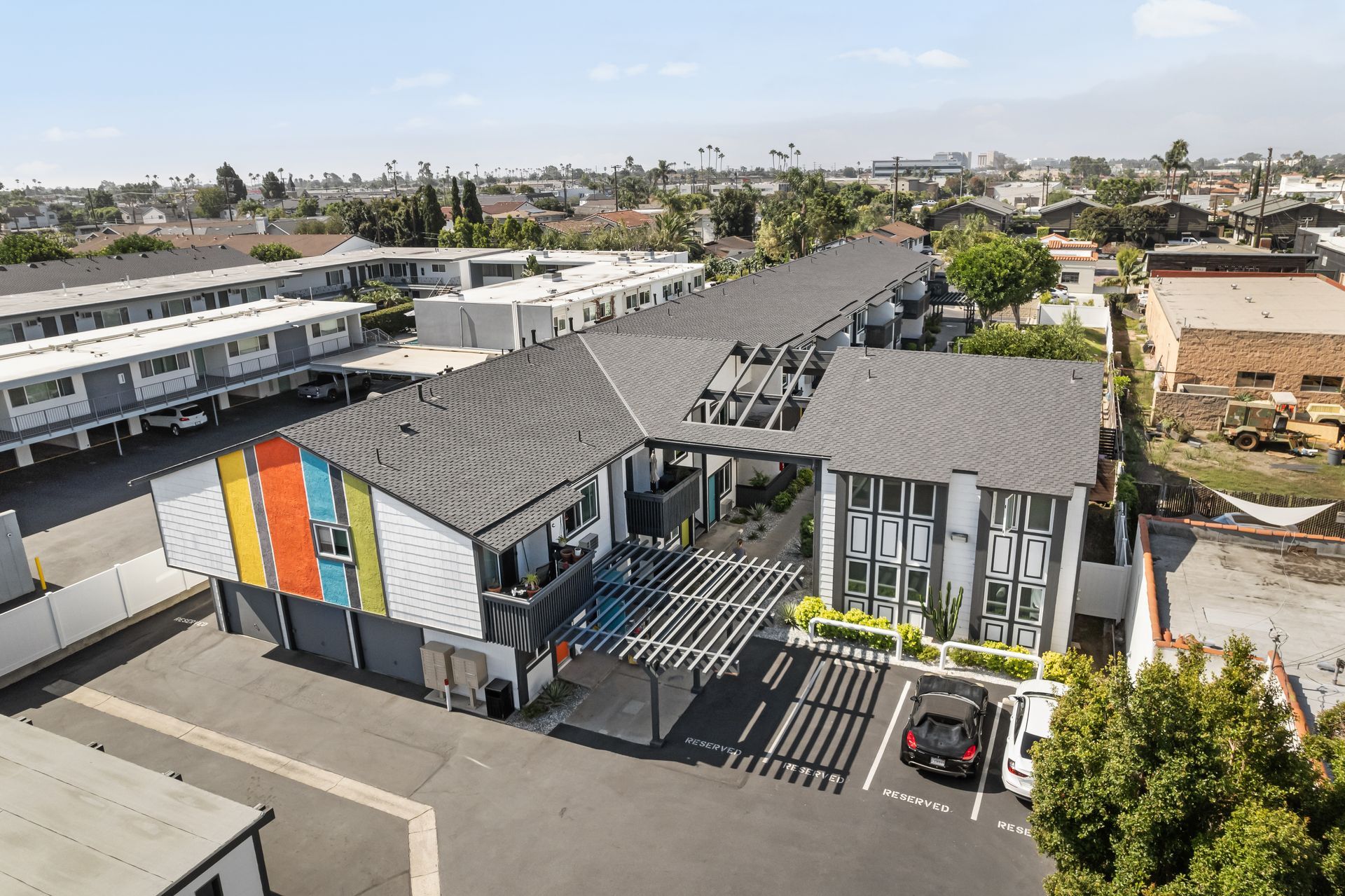 Overhead shot of building exterior and parking