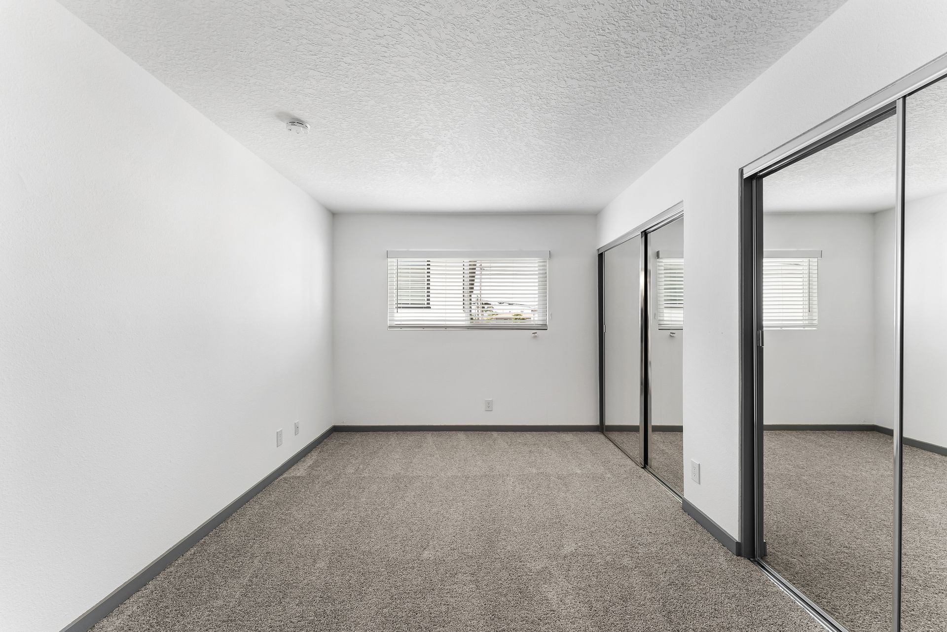 Sliding Photo Gallery Displaying Apartment Features- Bedroom with large window, carpet, and sliding mirror closet doors