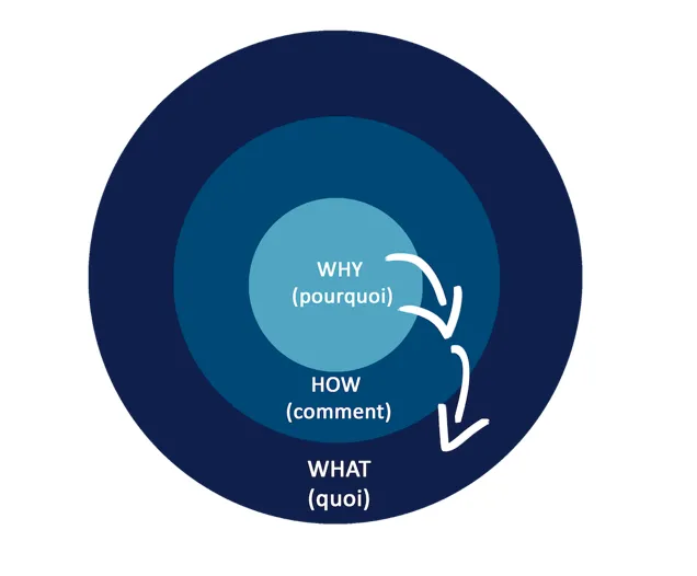 Circular diagram showing why, how, and what layers with arrows on a dark blue background