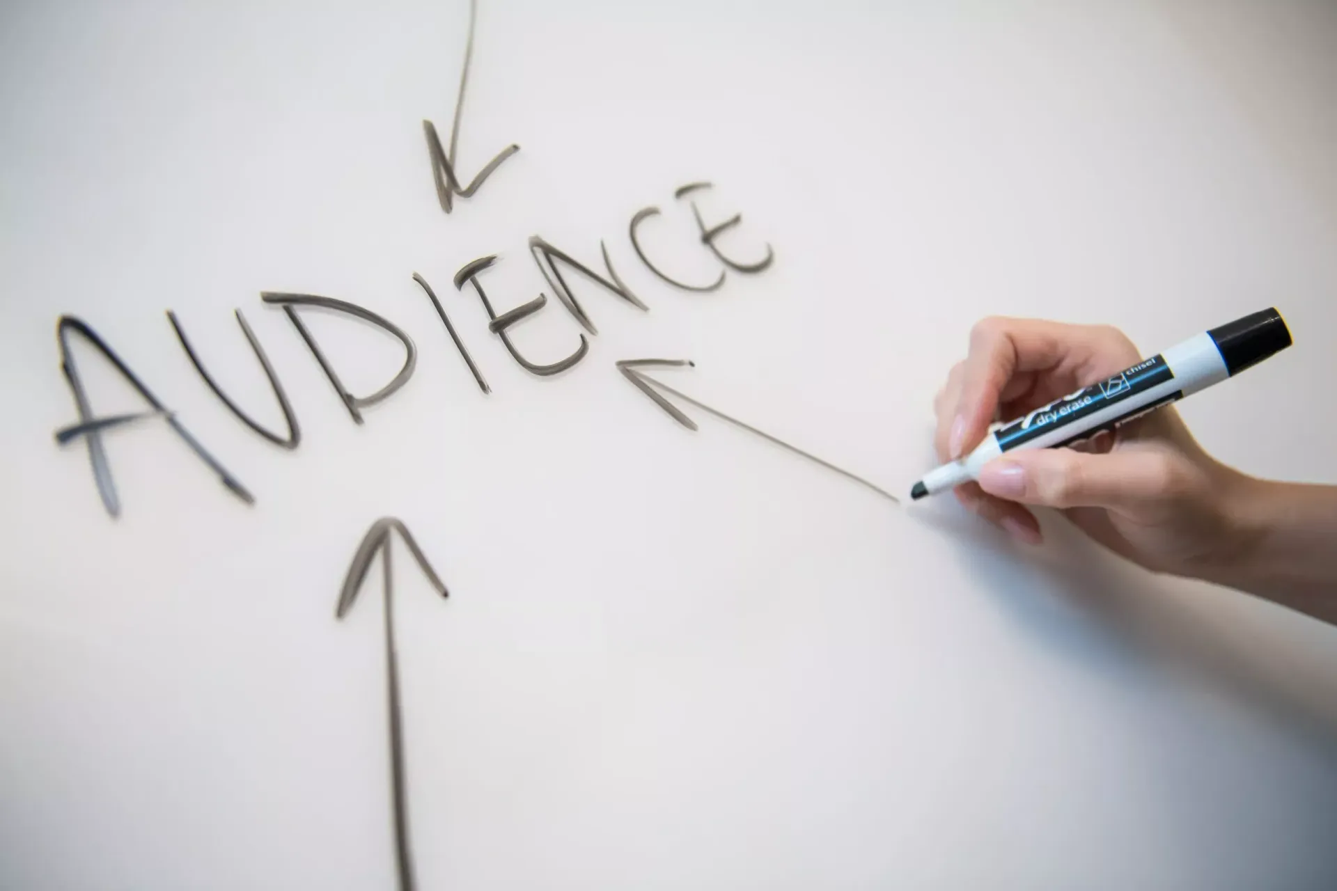 Hand writing “AUDIENCE” with arrows pointing toward the word on a white background