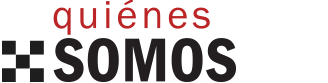 Logotipo con la palabra “quiénes” en rojo sobre la palabra “SOMOS” en negro en negrita y un icono a cuadros negros sobre fondo blanco.