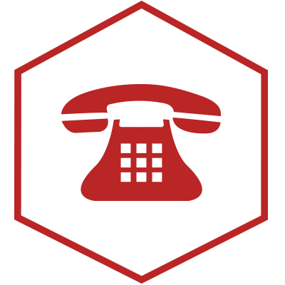 Icono de teléfono rojo dentro de un contorno hexagonal rojo sobre fondo blanco