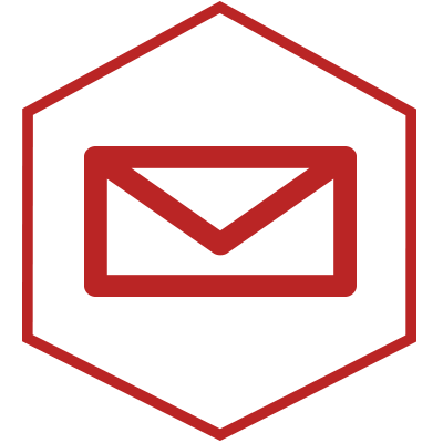 Icono de sobre rojo dentro de un contorno hexagonal rojo sobre fondo blanco