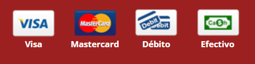Logos de pago Visa, Mastercard, Débito y Efectivo sobre fondo rojo