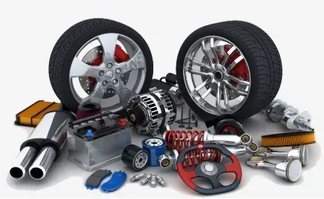 Varias piezas y accesorios para automóviles, incluyendo ruedas, tubos de escape y componentes del motor, dispuestos sobre un fondo blanco.