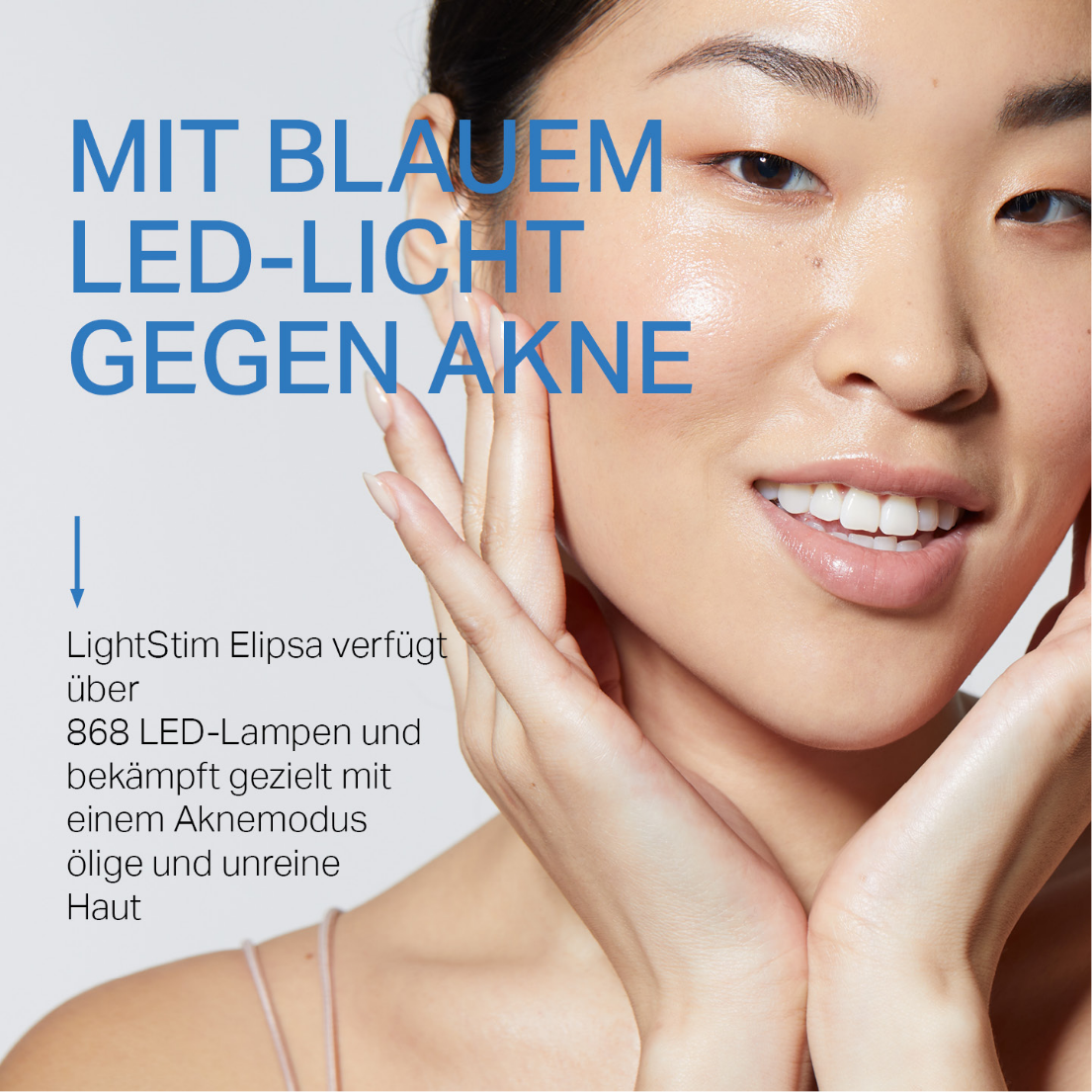 A woman 's face is on a poster that says mit blauem led-licht gegen akne