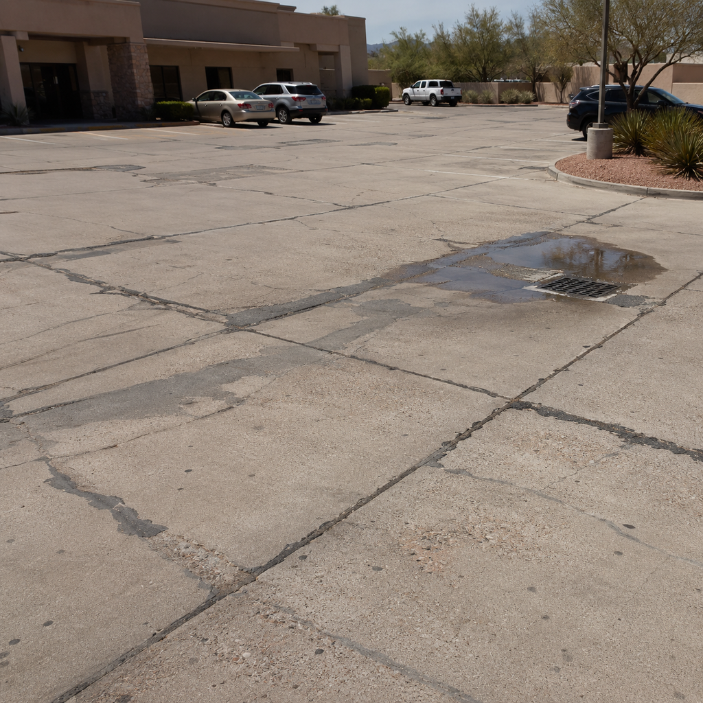 An aging El Paso parking lot shows recurring cracks, failed joints, and settlement.