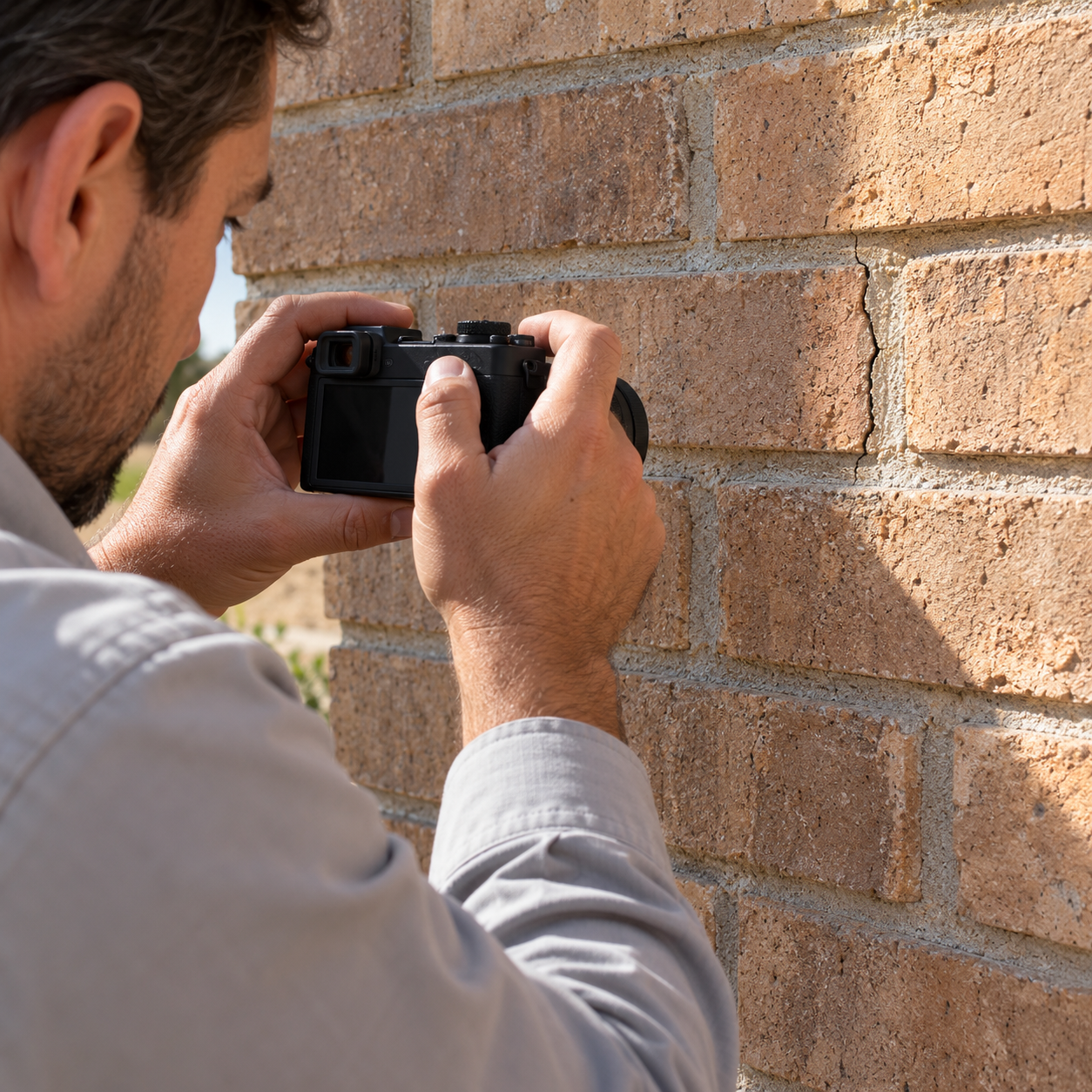 An assessor photographs a narrow crack in a sunlit tan brick wall.