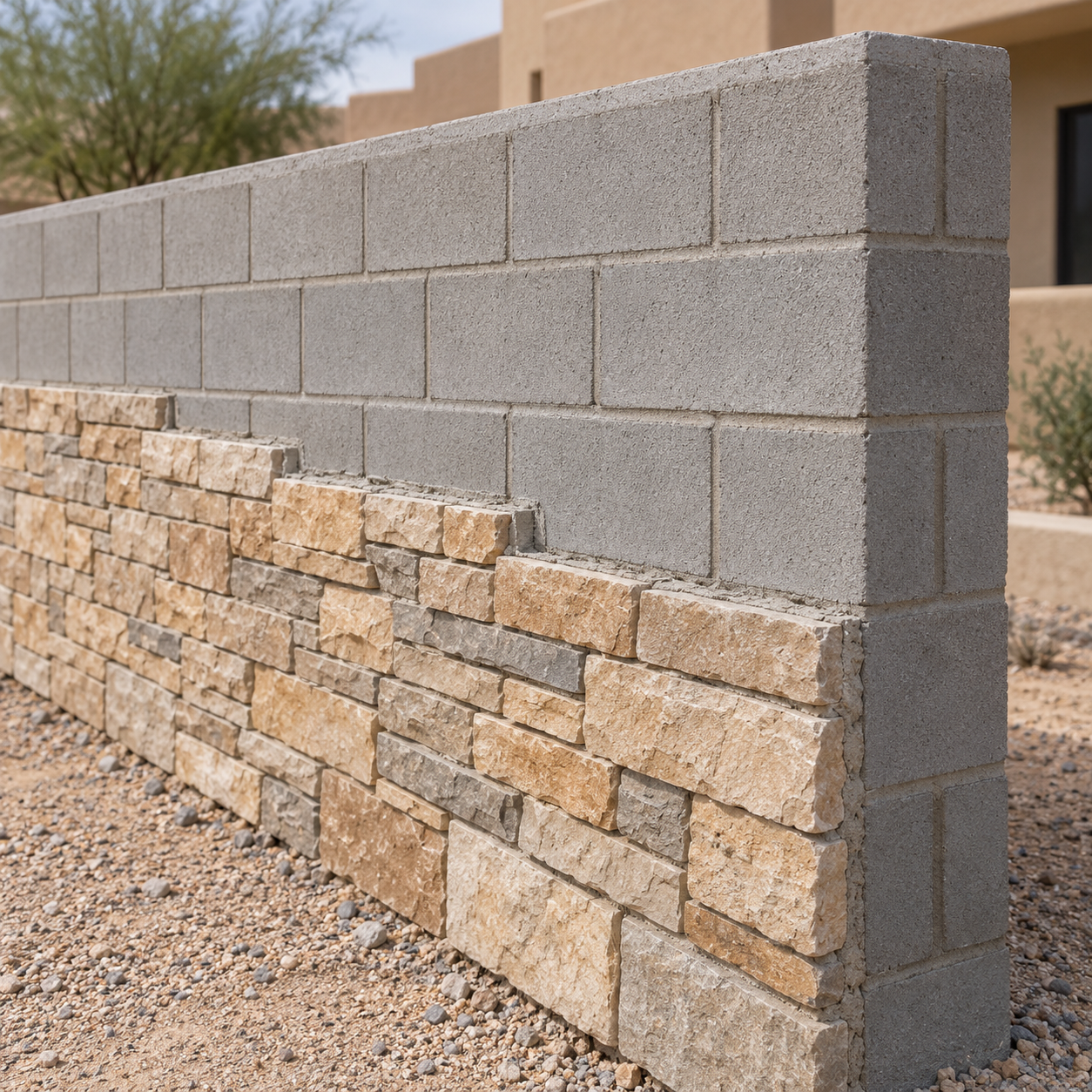 Partially installed stone veneer reveals the concrete block wall behind the decorative facing.