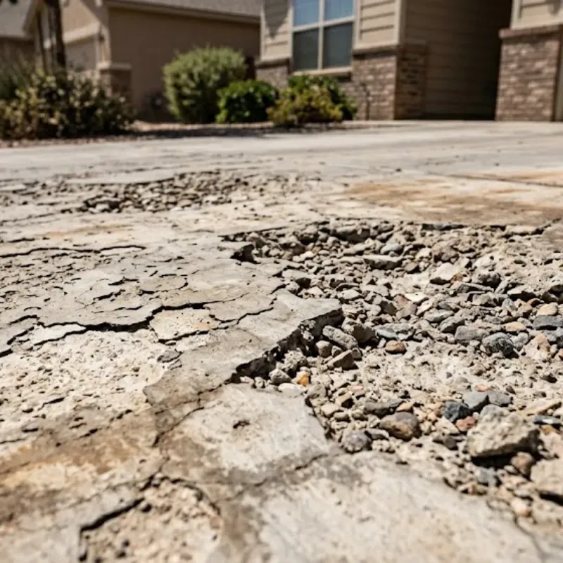 Concrete driveway with surface scaling and spalling in El Paso, showing flaking top layer and exposed aggregate due to sun and temperature damage