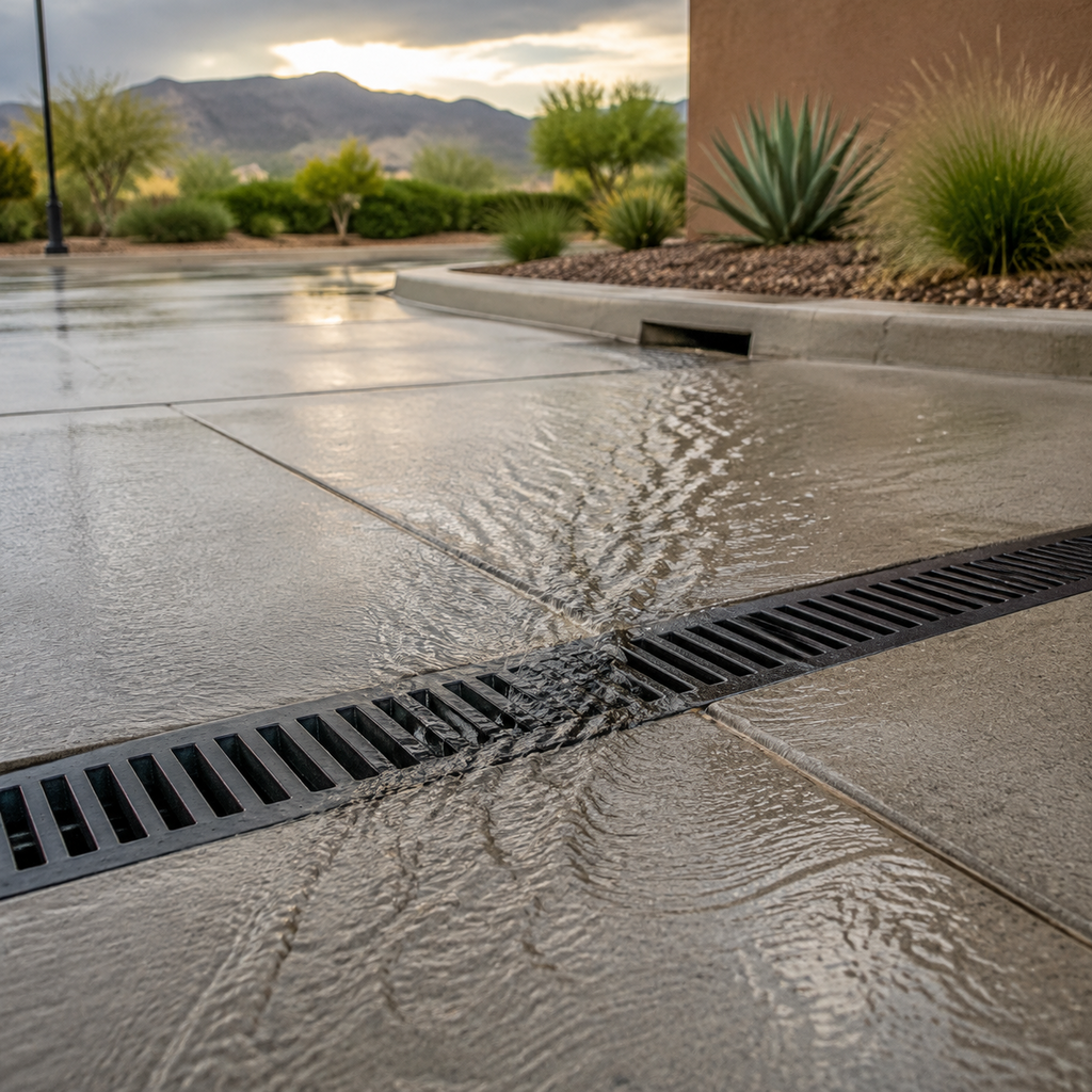 Monsoon runoff flowing into a channel drain on a clean El Paso concrete parking lot