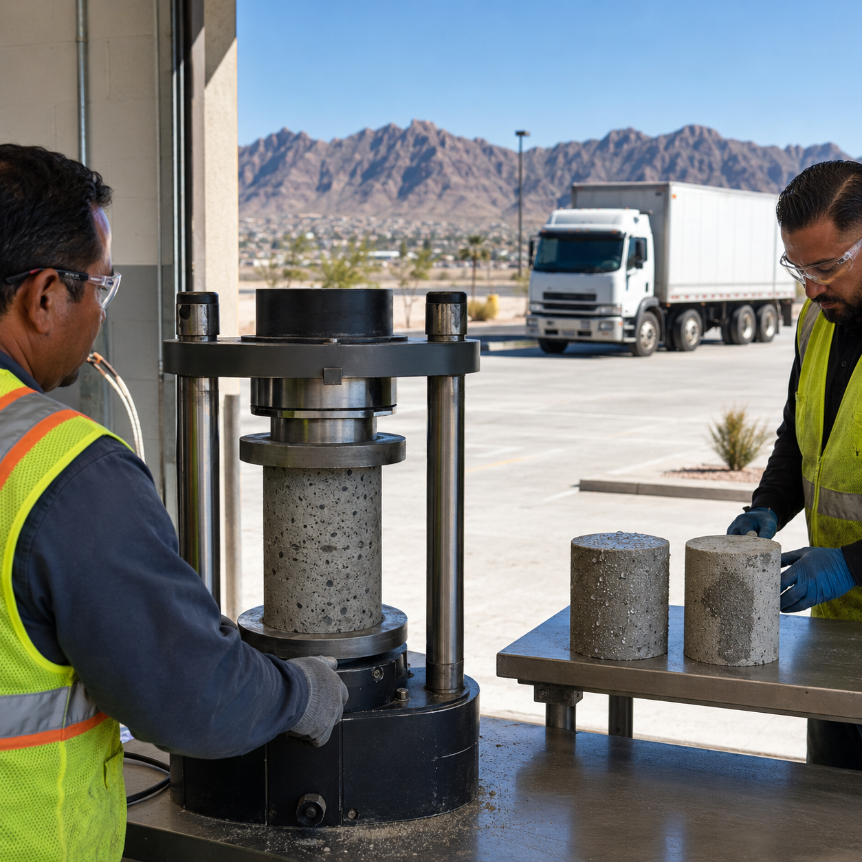 Technicians testing a concrete cylinder’s compressive strength while comparing dense and porous concrete samples, with a heavy commercial truck and El Paso mountains in the background.