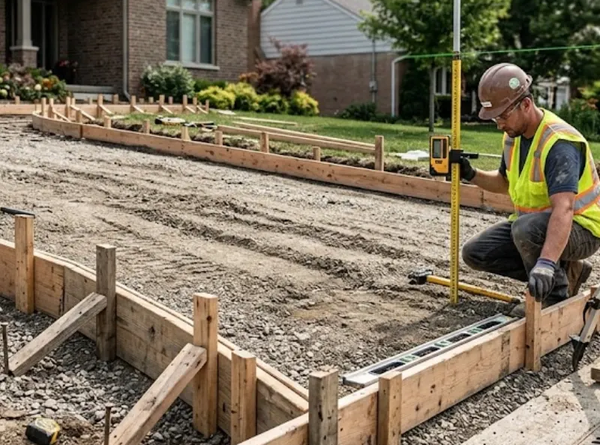 A worker leveling soil in a wooden form at a residential concrete construction site in El Paso with a laser level