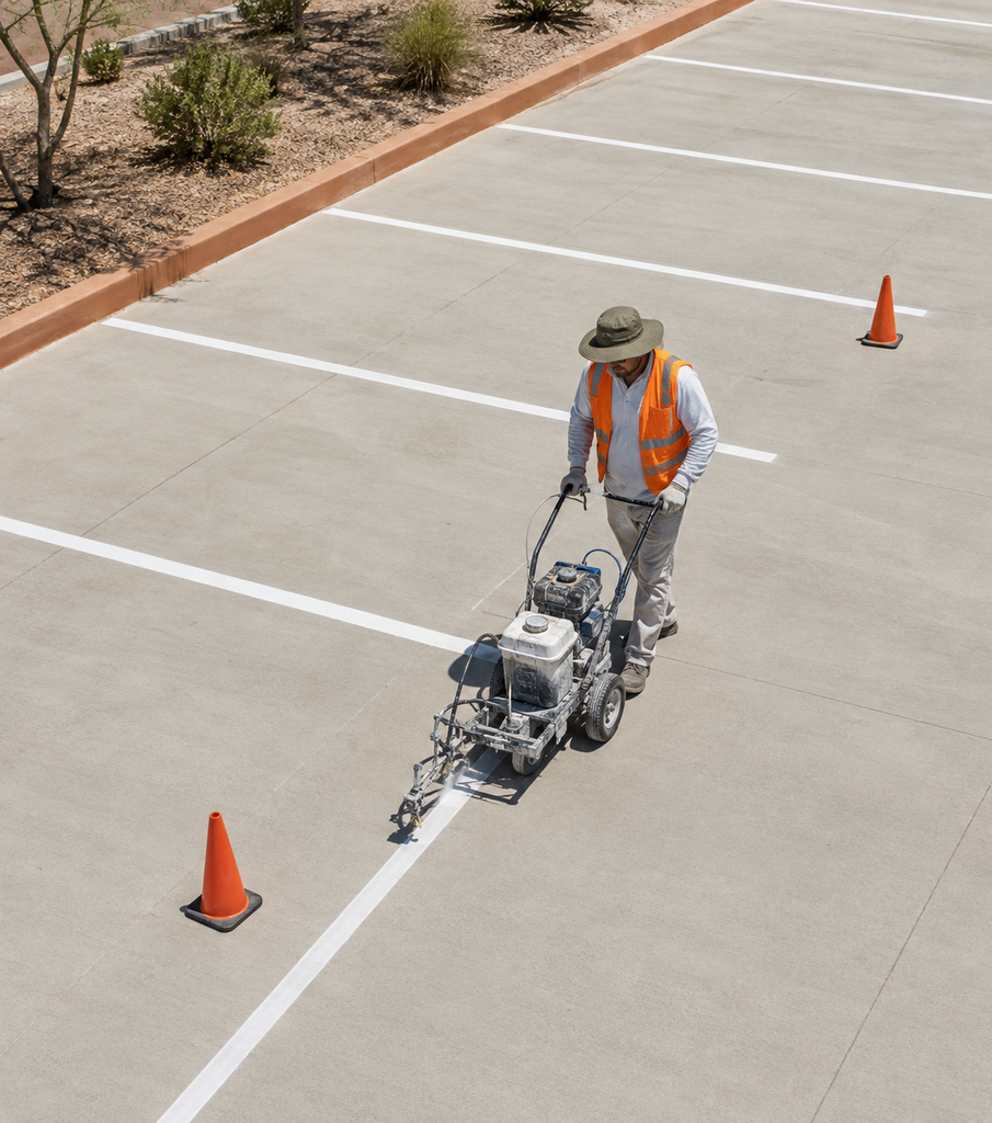 Worker applying crisp white parking lines to a renewed concrete lot under El Paso sunlight