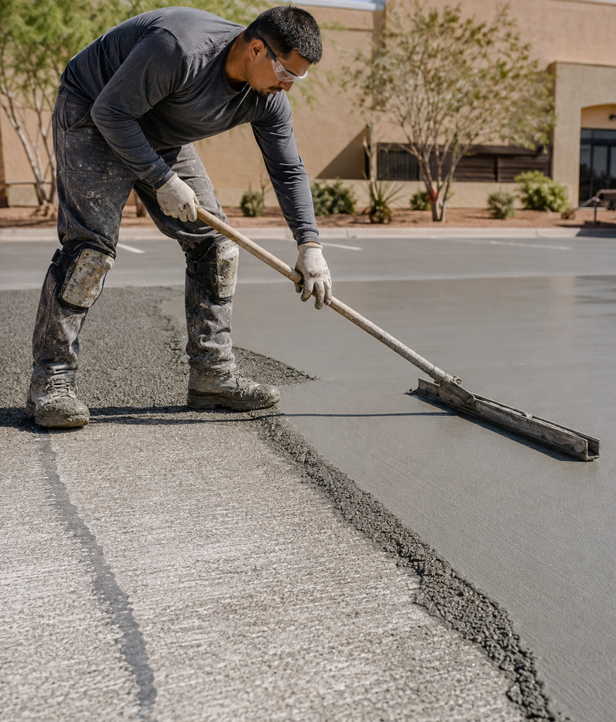 Concrete worker spreading a fresh resurfacing overlay across a prepared El Paso parking lot slab