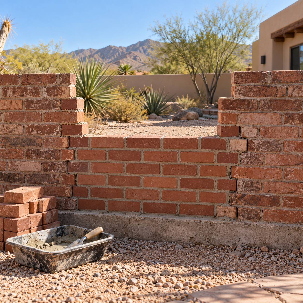 A central section of a low brick wall is partly rebuilt, with older masonry retained on both sides.