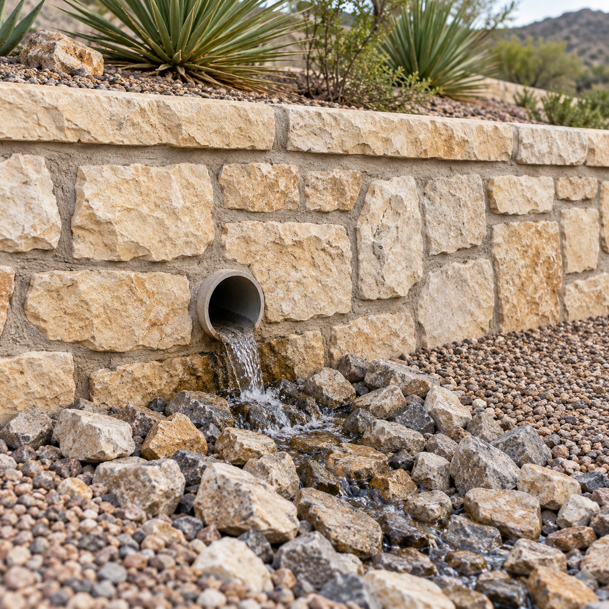 An unobstructed retaining-wall drain releases water onto a rock-lined outlet beneath desert landscaping.