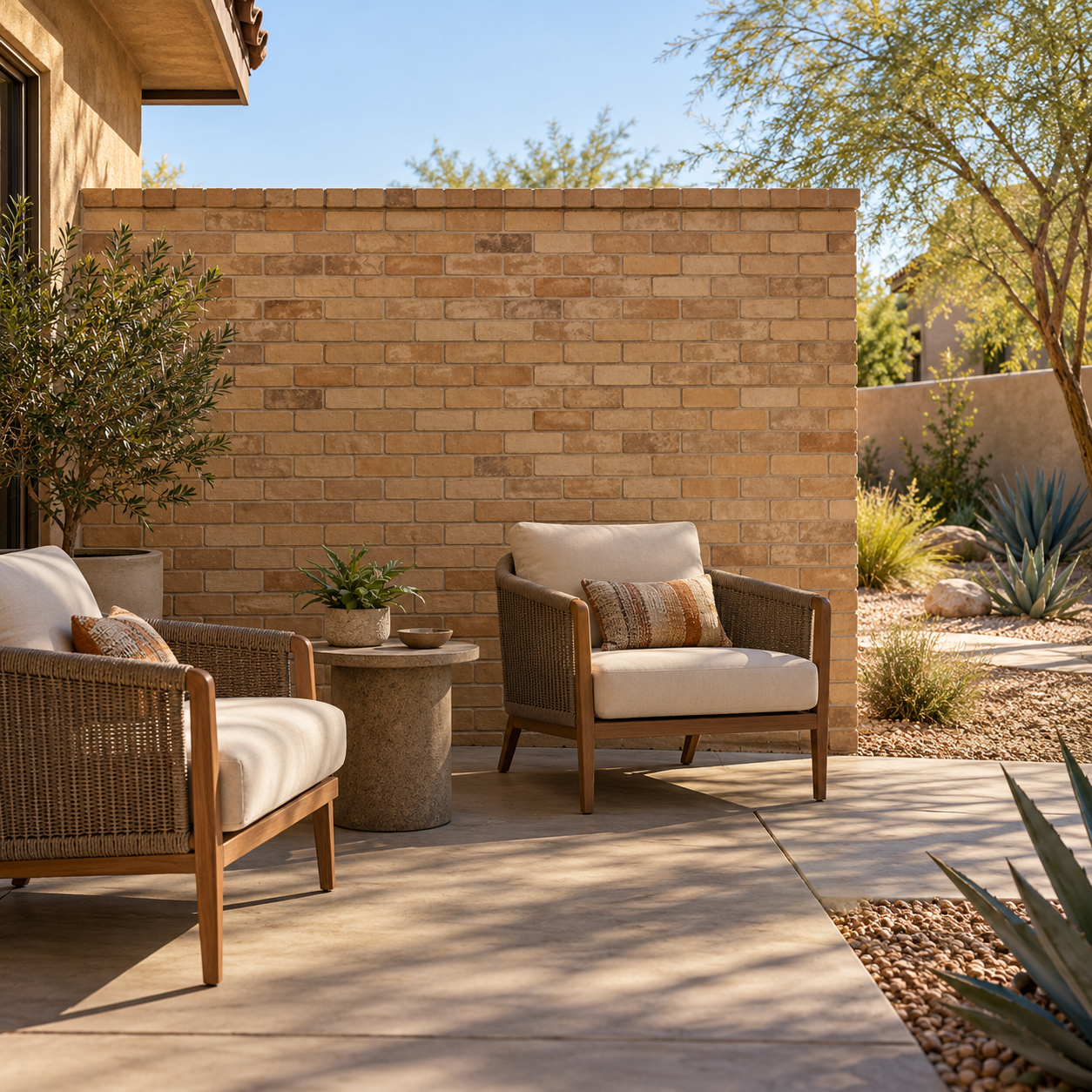 A short brick privacy screen shelters two patio chairs while leaving the adjoining desert garden open.