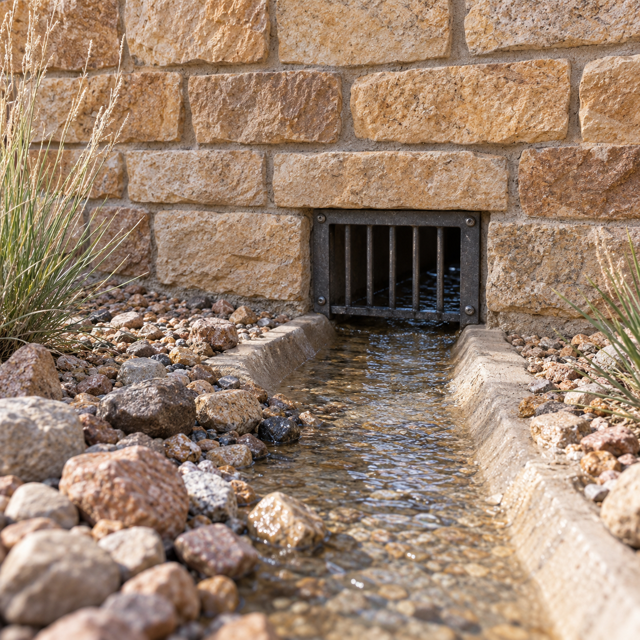 Water passes through a metal-grilled drainage opening at the base of a stone boundary wall.