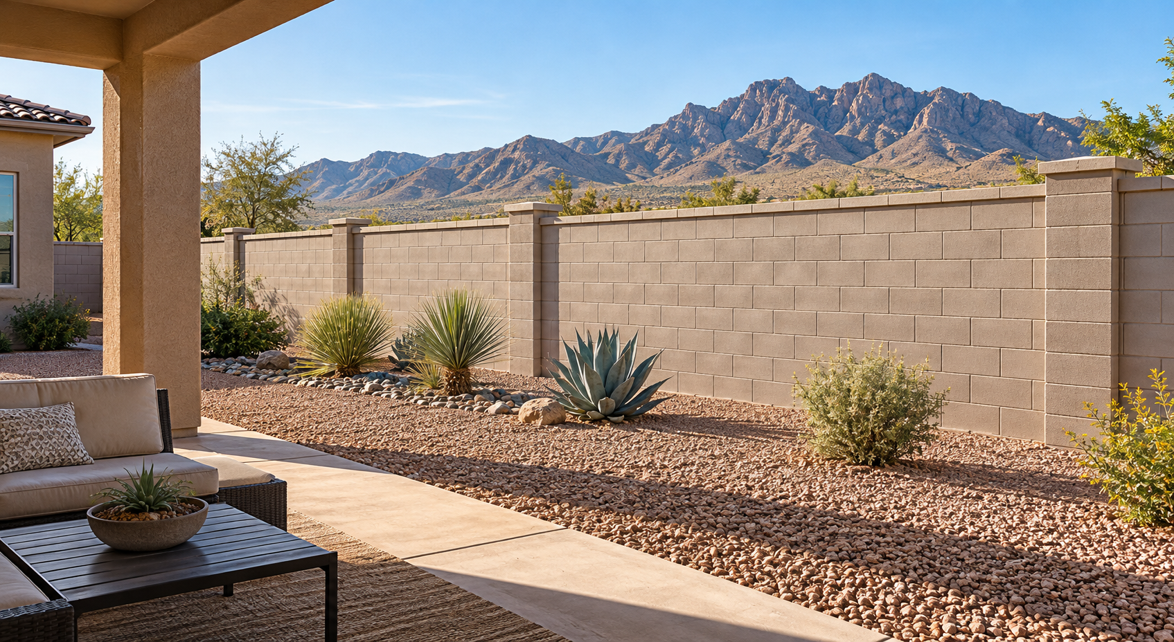 Concrete block privacy wall enclosing a desert-landscaped yard with the Franklin Mountains beyond.