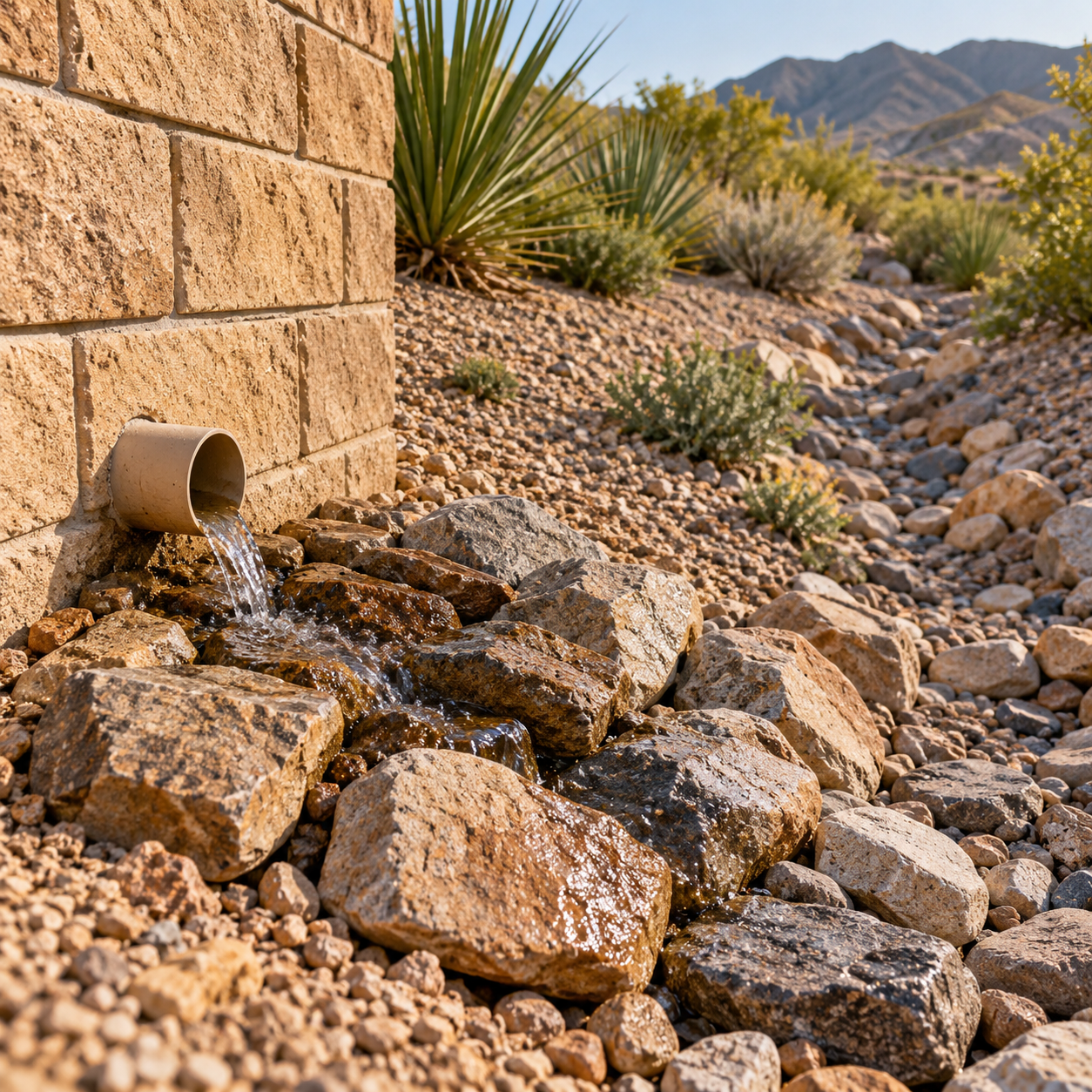 Retaining-wall drain releases water onto a stone apron connected to a rock-lined channel in a desert yard.