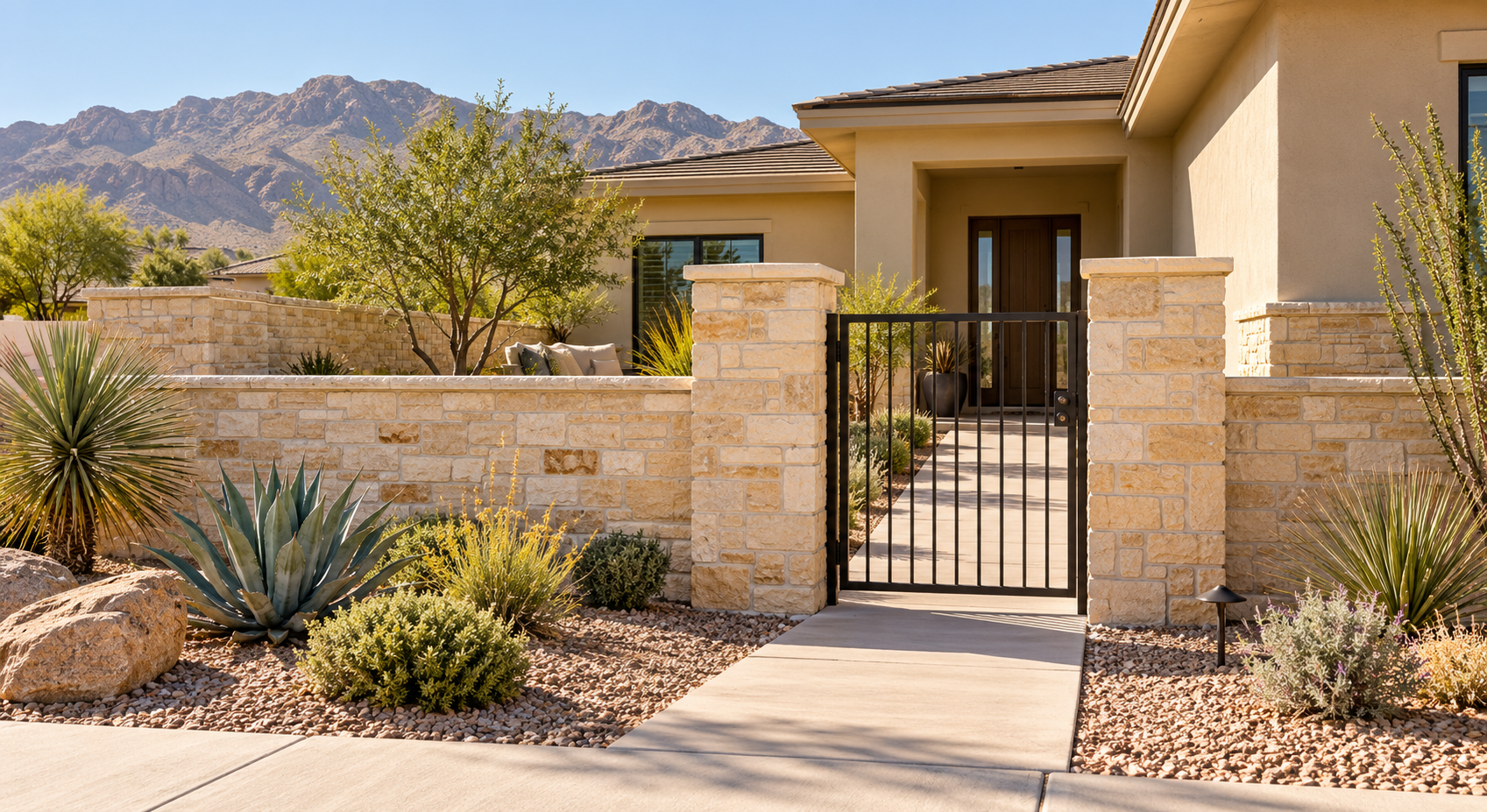 Stone courtyard walls and an open-bar pedestrian gate frame a desert home’s entrance.