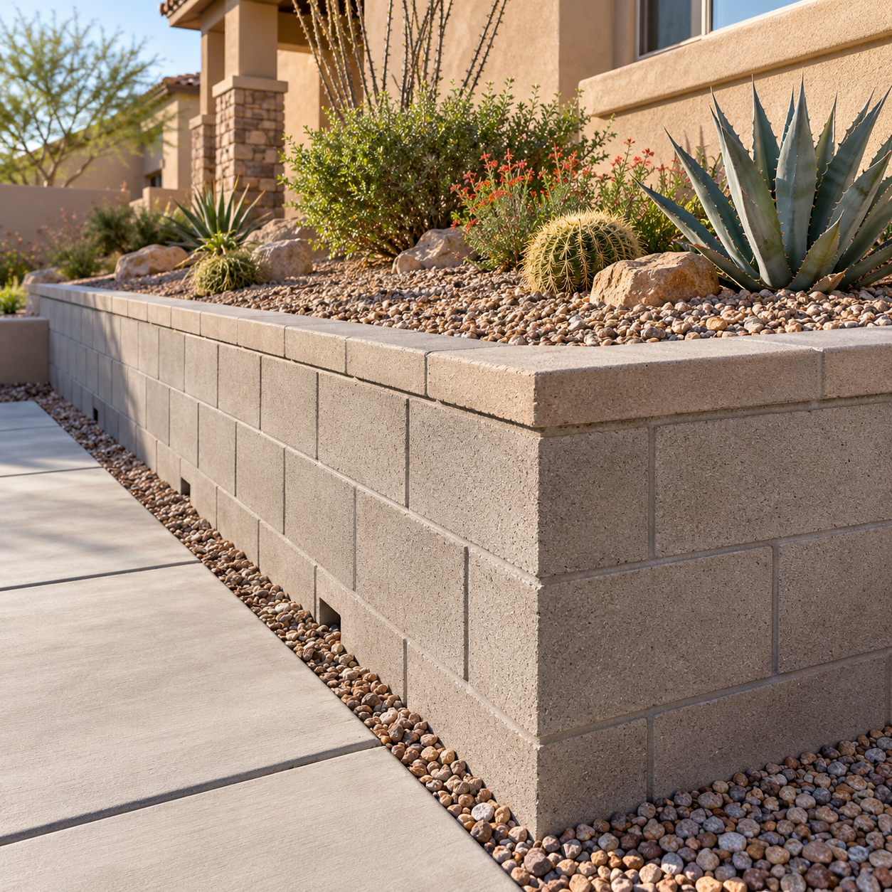 Mortared concrete block wall holds a raised desert garden above a lower walkway, with drainage openings at its base.