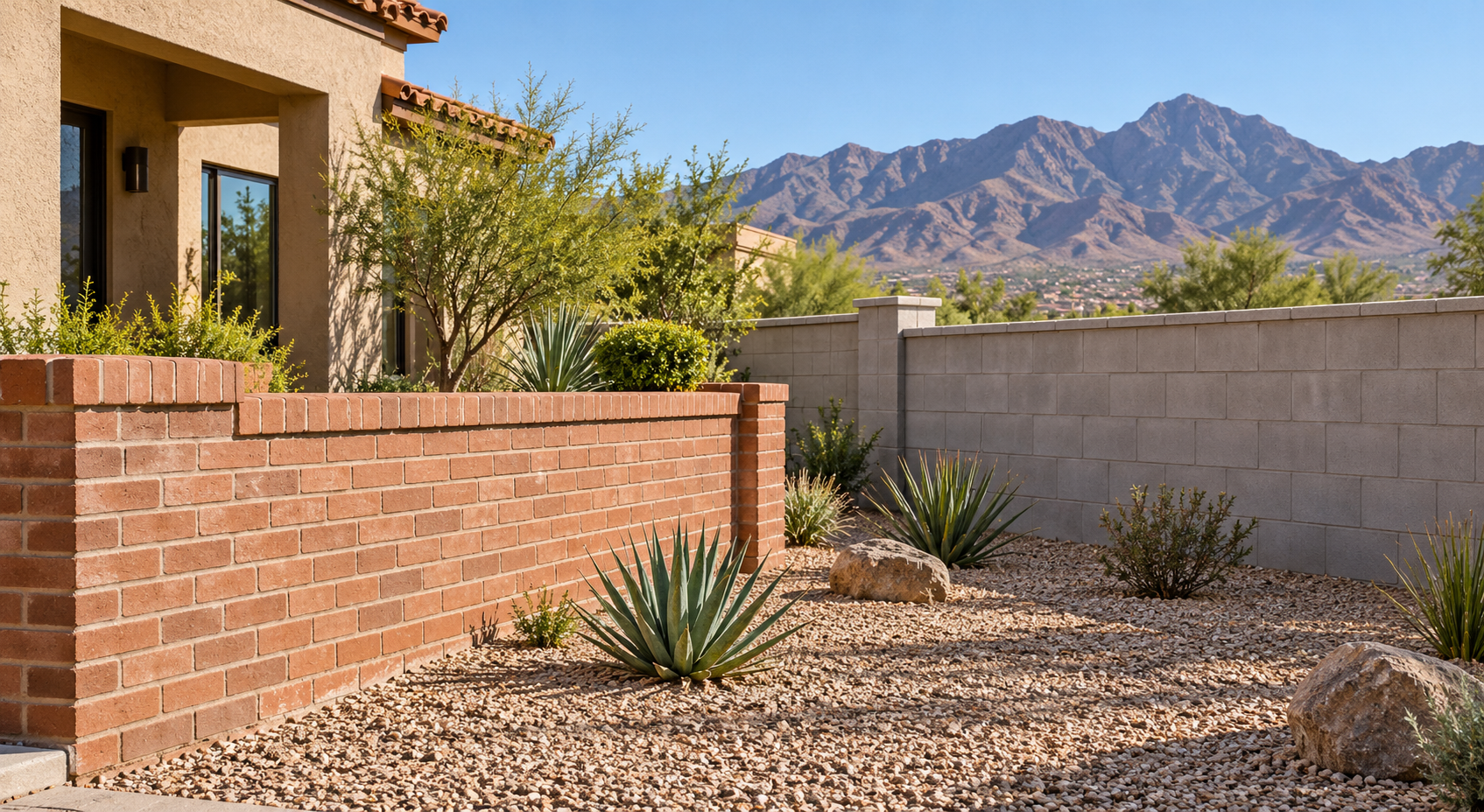 Clay brick and concrete block walls border an El Paso courtyard with the Franklin Mountains beyond.