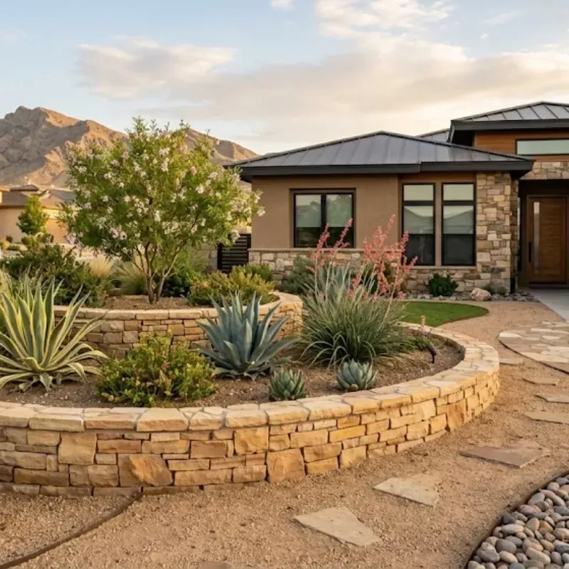 El Paso desert landscape rock wall with native plants and drought-tolerant front yard design featuring agave, red yucca, gravel, and curved stone planting beds