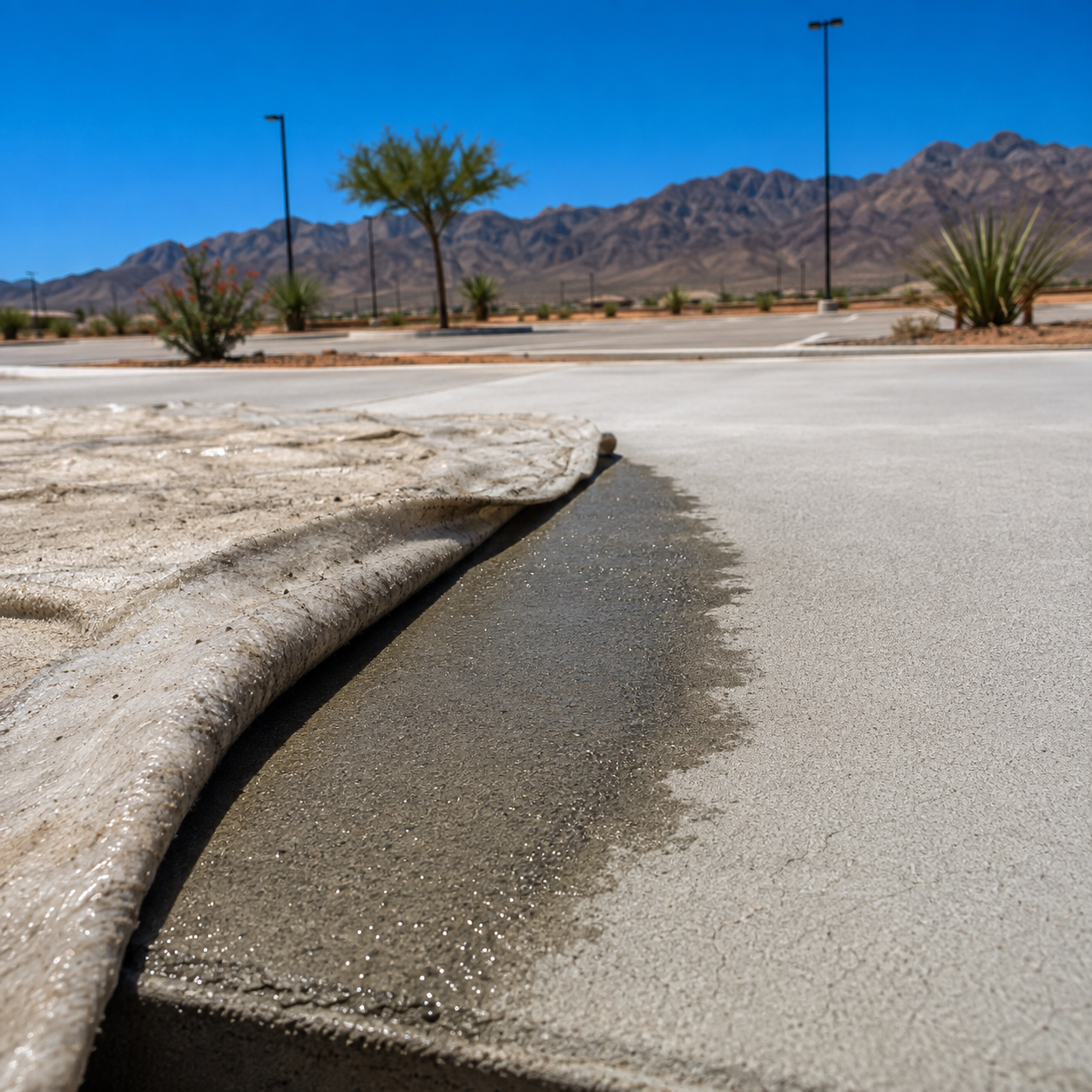 Moisture-retained concrete beneath a curing blanket contrasted with the rapidly drying exposed surface under El Paso’s intense desert heat.