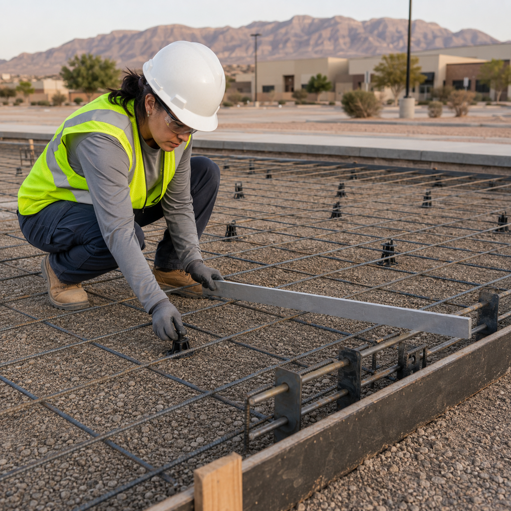 An inspector checks reinforcement and base preparation for an El Paso parking lot.