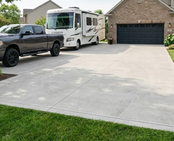 Driveway in El Paso with a gray pickup truck and a white RV parked beside a house and garage