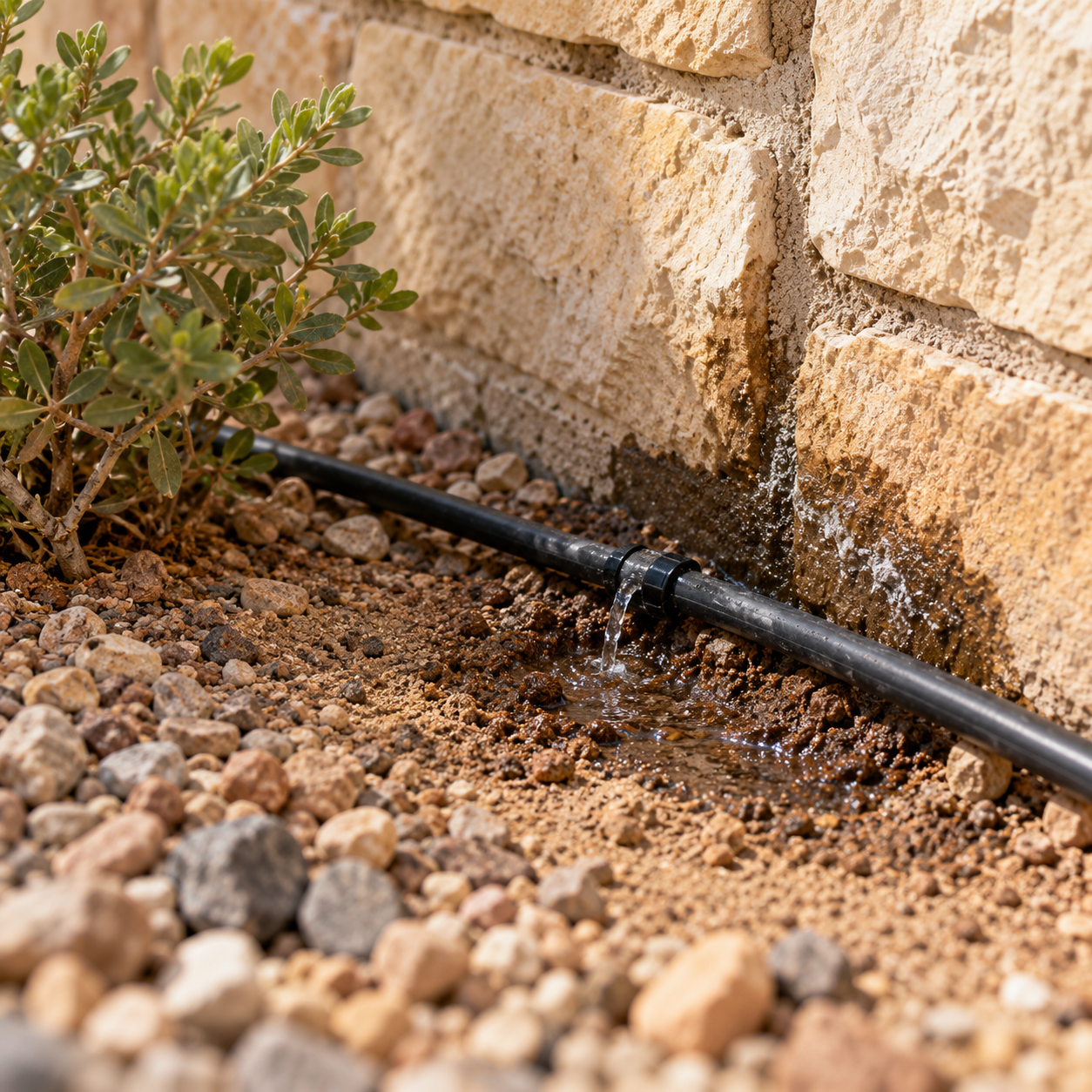 A leaking irrigation connector wets sandy soil and the base of a limestone masonry wall.
